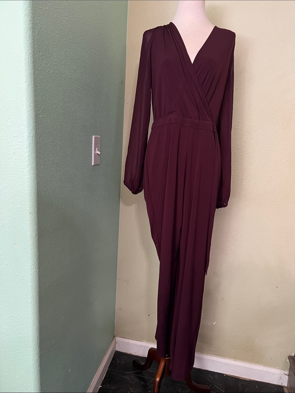 New York & Company Burgundy Long-Sleeve Wrap Jumpsuit